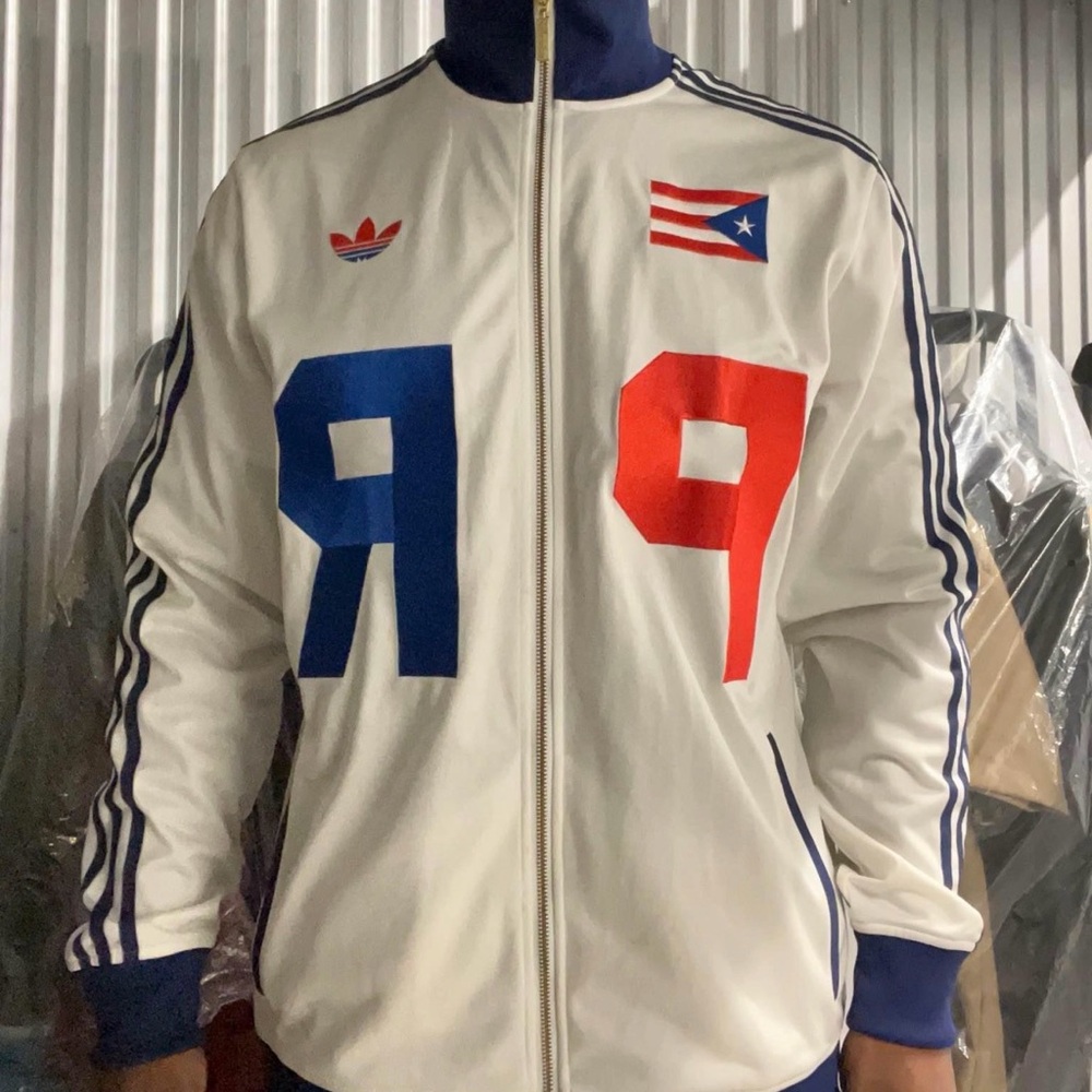 Adidas White Bomber Jacket with Blue and Red Details